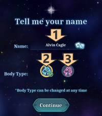 Trimmed screen shot of early game play where the Player can choose their in game name (1) and in game body type (2) (3).