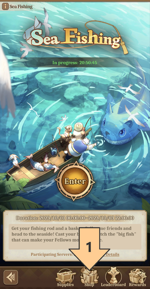 Trimmed screenshot of Sea Fishing event page with an arrow denoting where the player can locate the Event Point Exchange Shop.