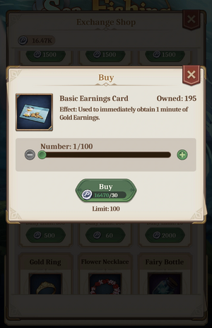 Trimmed screenshot for the event Sea Fishing showing what happens when the Player taps the Price button.